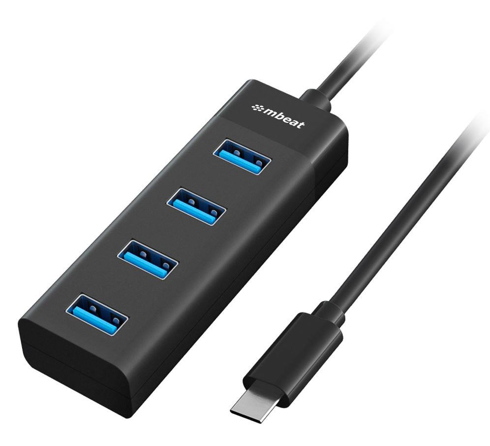 mbeat USB-C to 4-Port 3.0 Hub - Black USB 3.0 transfer speeds up to 5Gbps Material: ABS Plastic Cable Length: 200mm Weights: 36g mbeat USB-C to 4-Port 3.0 Hub - Black USB 3.0 transfer speeds up to 5Gbps Material: ABS Plastic Cable Length: 200mm Weights: 36g